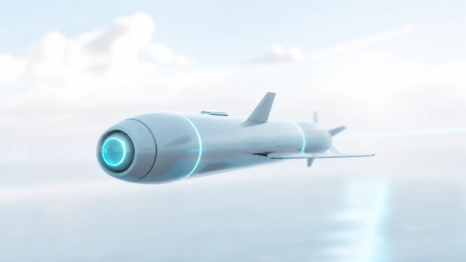 A high-tech torpedo underwater with digital targeting effects in cyan light.