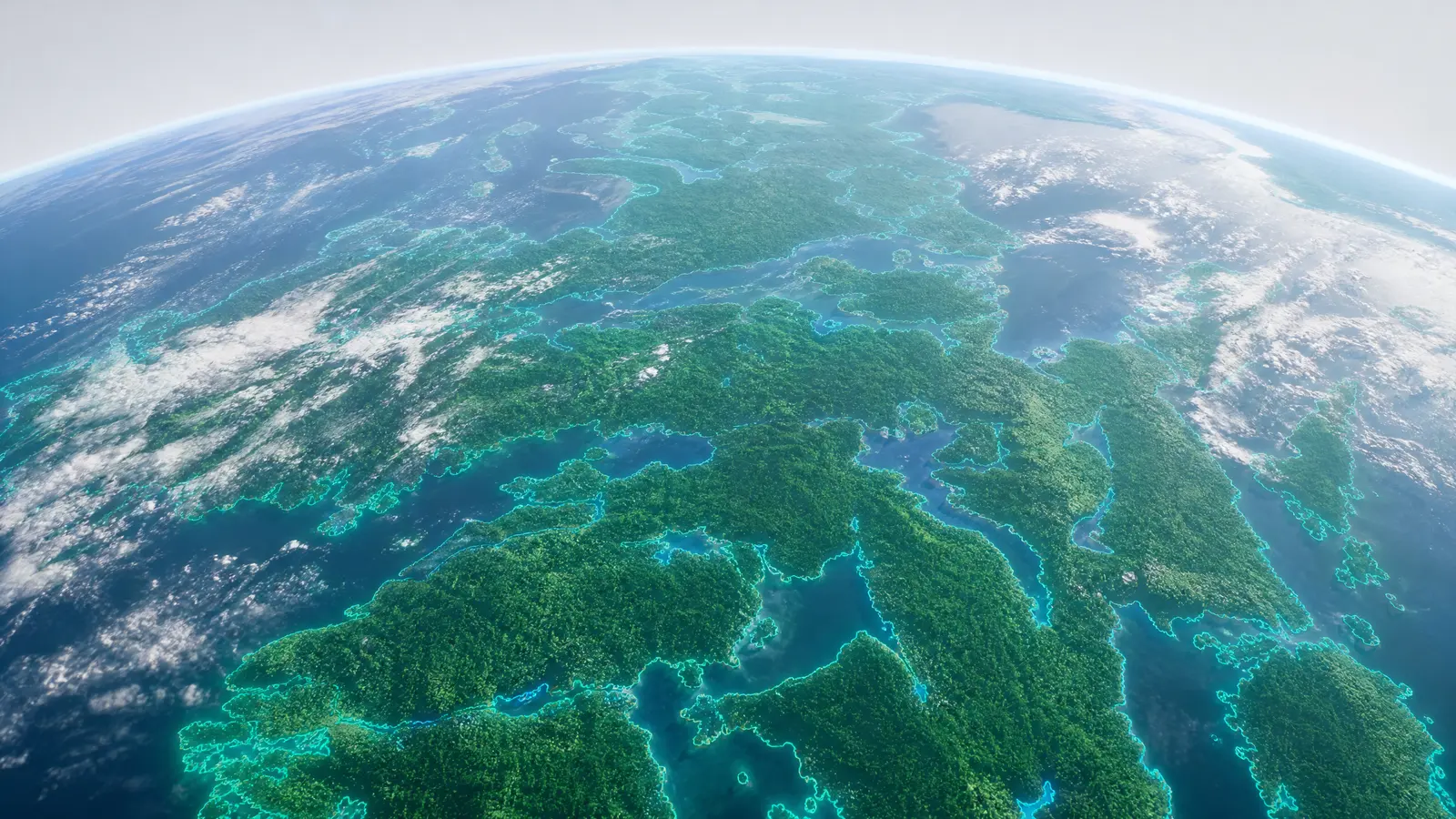 Satellite view of Earth's forests with cyan highlights under bright daylight.
