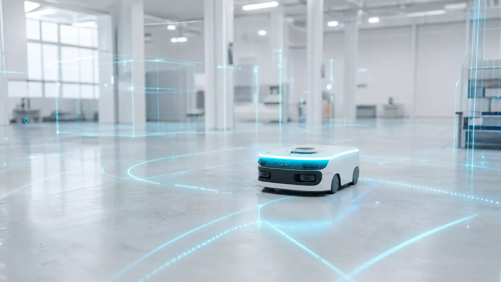 A small robot with glowing sensors navigates a factory floor with simulation overlays.