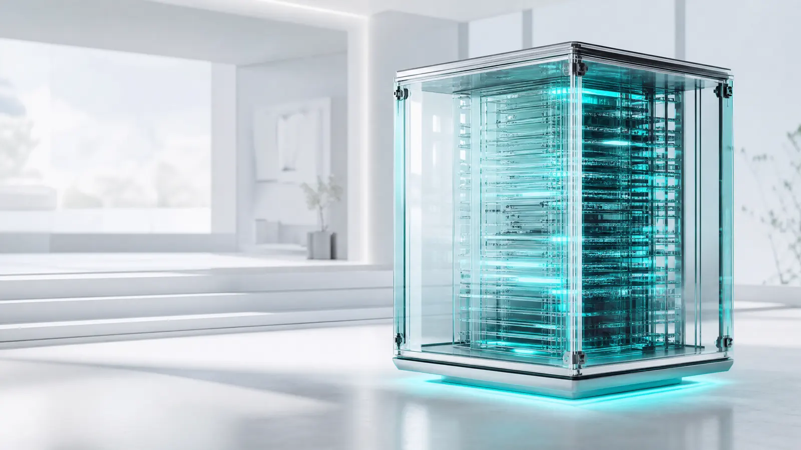 A futuristic glass data vault with cyan lights in a bright setting.
