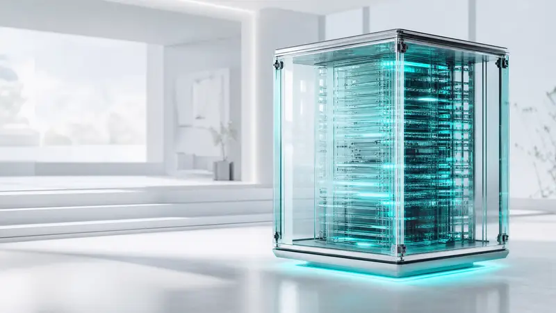 A futuristic glass data vault with cyan lights in a bright setting.