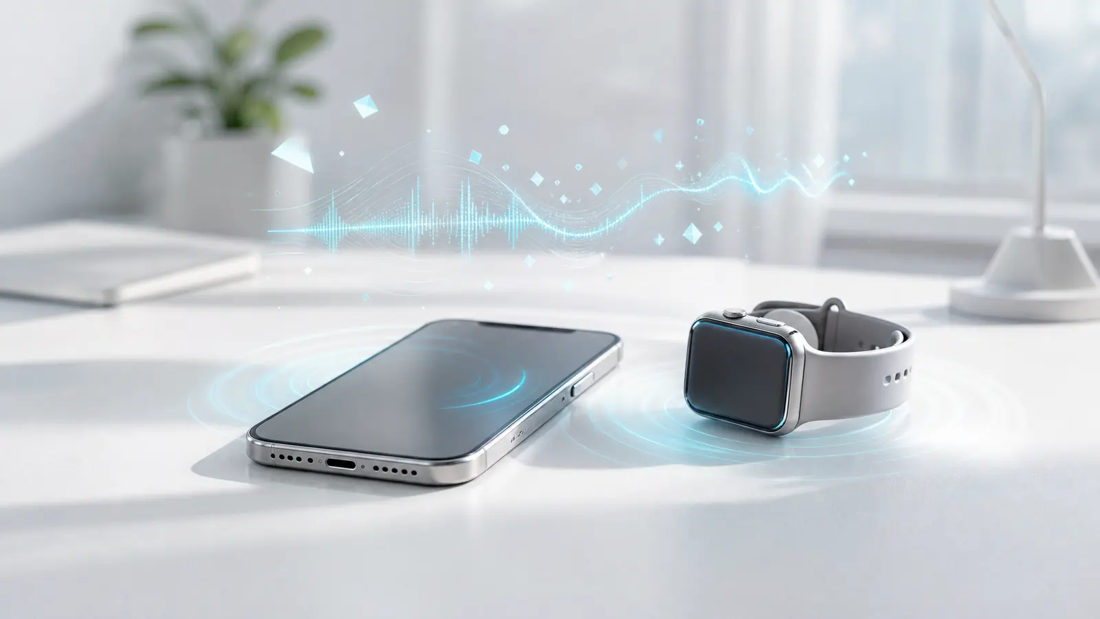 Apple devices emitting glowing soundwaves in a bright, minimal setting