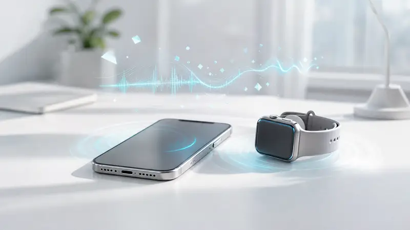 Apple devices emitting glowing soundwaves in a bright, minimal setting
