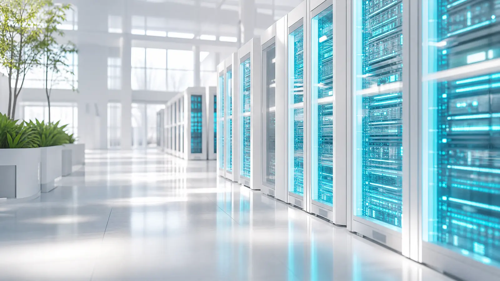 A futuristic server room bathed in cyan light, with AI hardware racks.