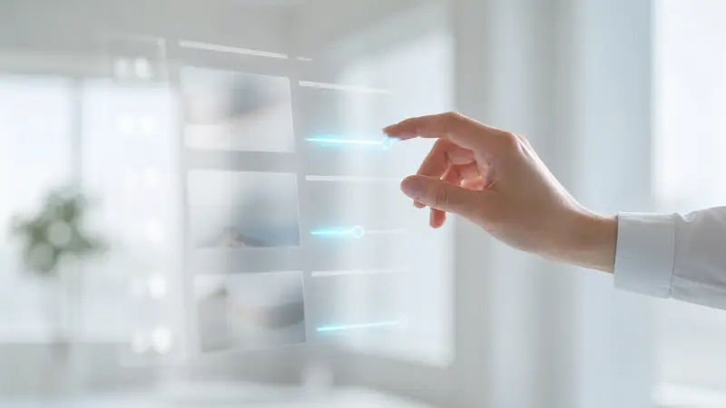 A hand adjusts digital sliders on a glowing Facebook feed interface in cyan light.