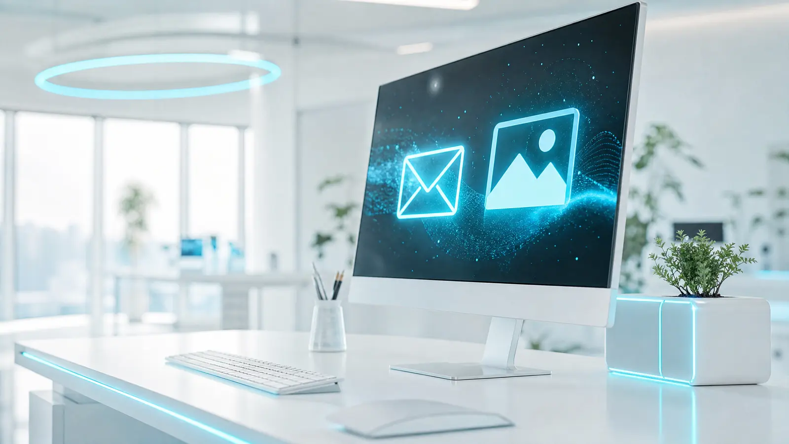 A modern office with AI screens, email and photo icons, cyan accents.