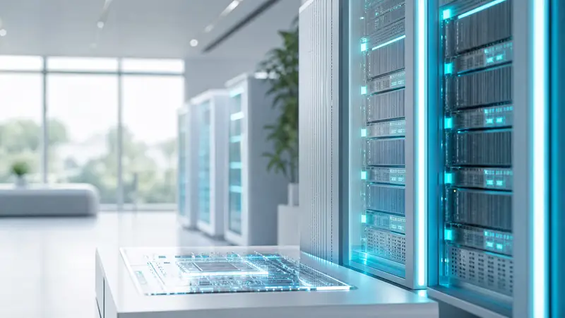 A glowing AI server room with cyan-lit racks and microchips.