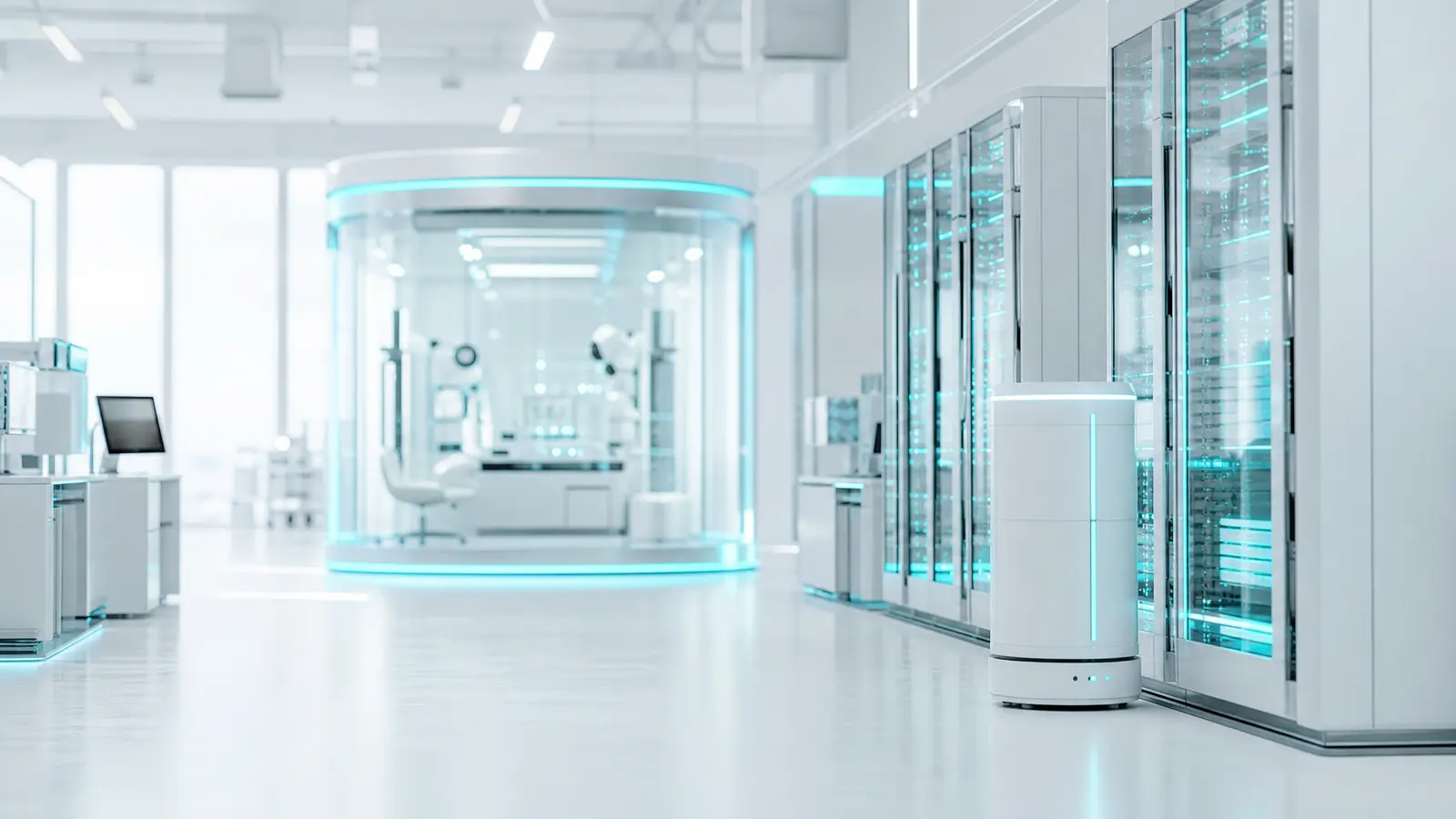 AI server room with digital screens showing scientific charts and video frames, cyan lighting.
