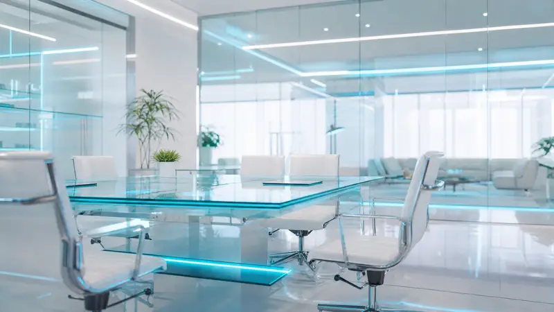 A bright, modern glass workspace with cyan digital accents.