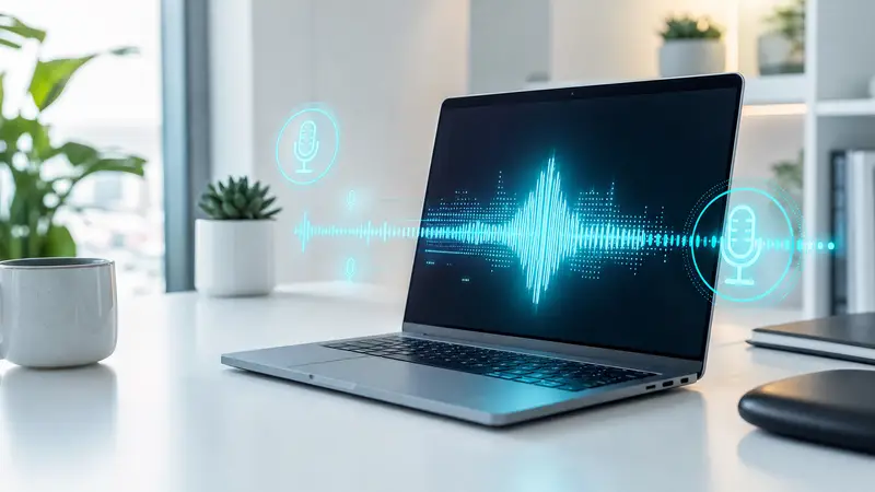A MacBook M4 Max on a desk with cyan audio waveforms and digital voice icons.