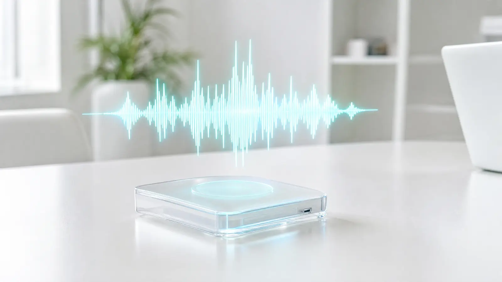 A cyan audio waveform above a translucent device on a white desk.