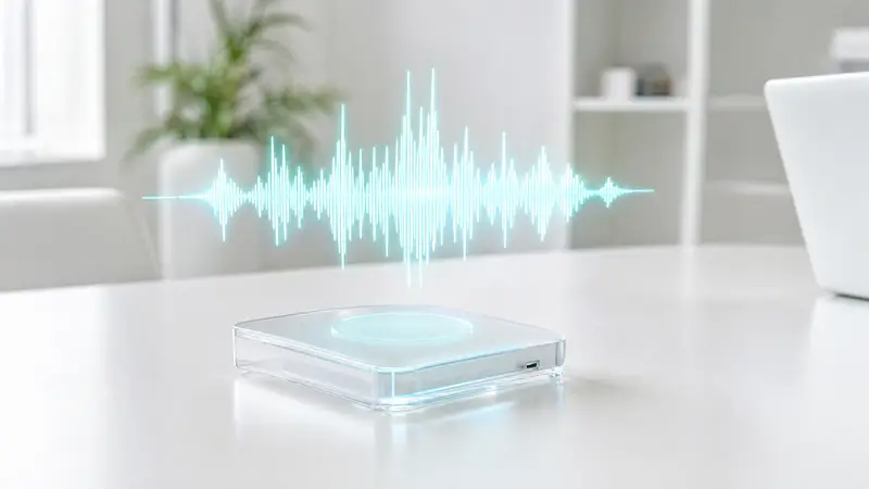 A cyan audio waveform above a translucent device on a white desk.