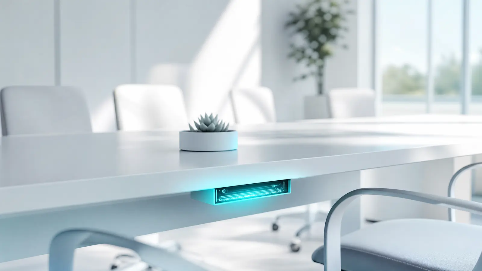 A hidden microcontroller device under a conference room table with dramatic lighting.