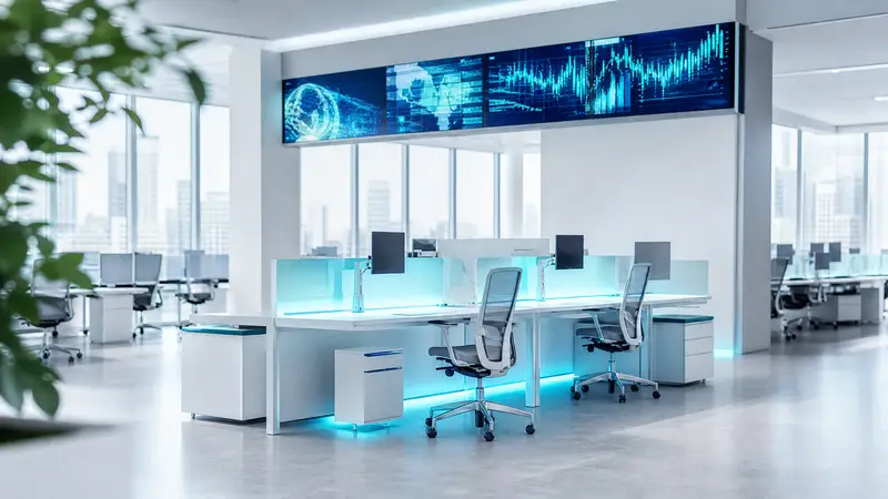 A modern office with stock data screens and empty desks under cyan light.