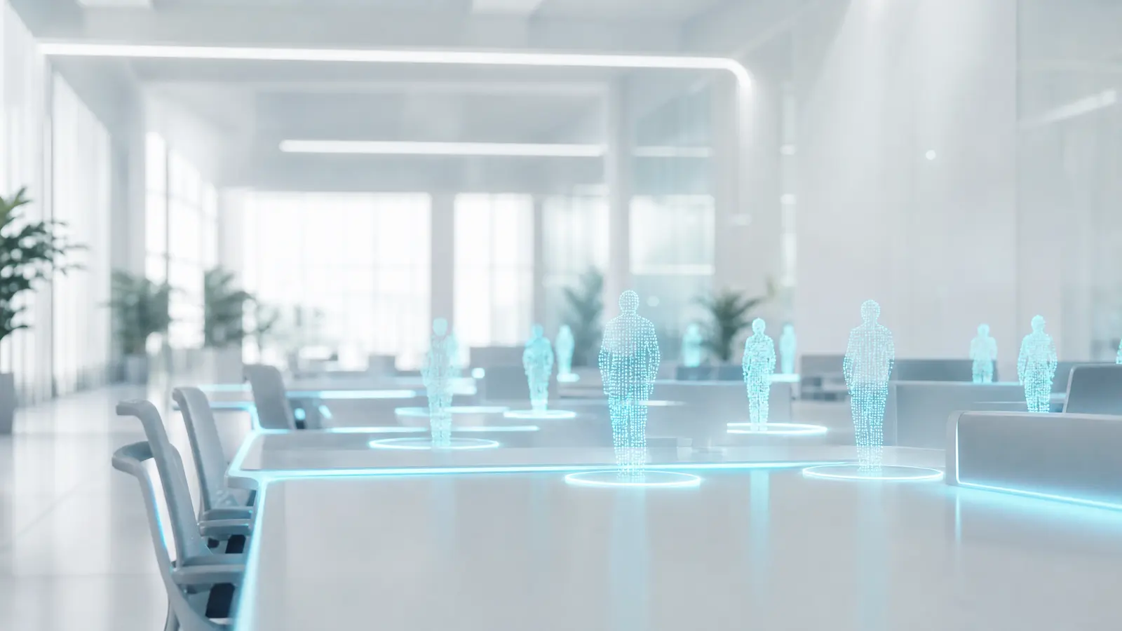 A dark office with cyan-lit desks and empty chairs, evoking shifting AI teams.