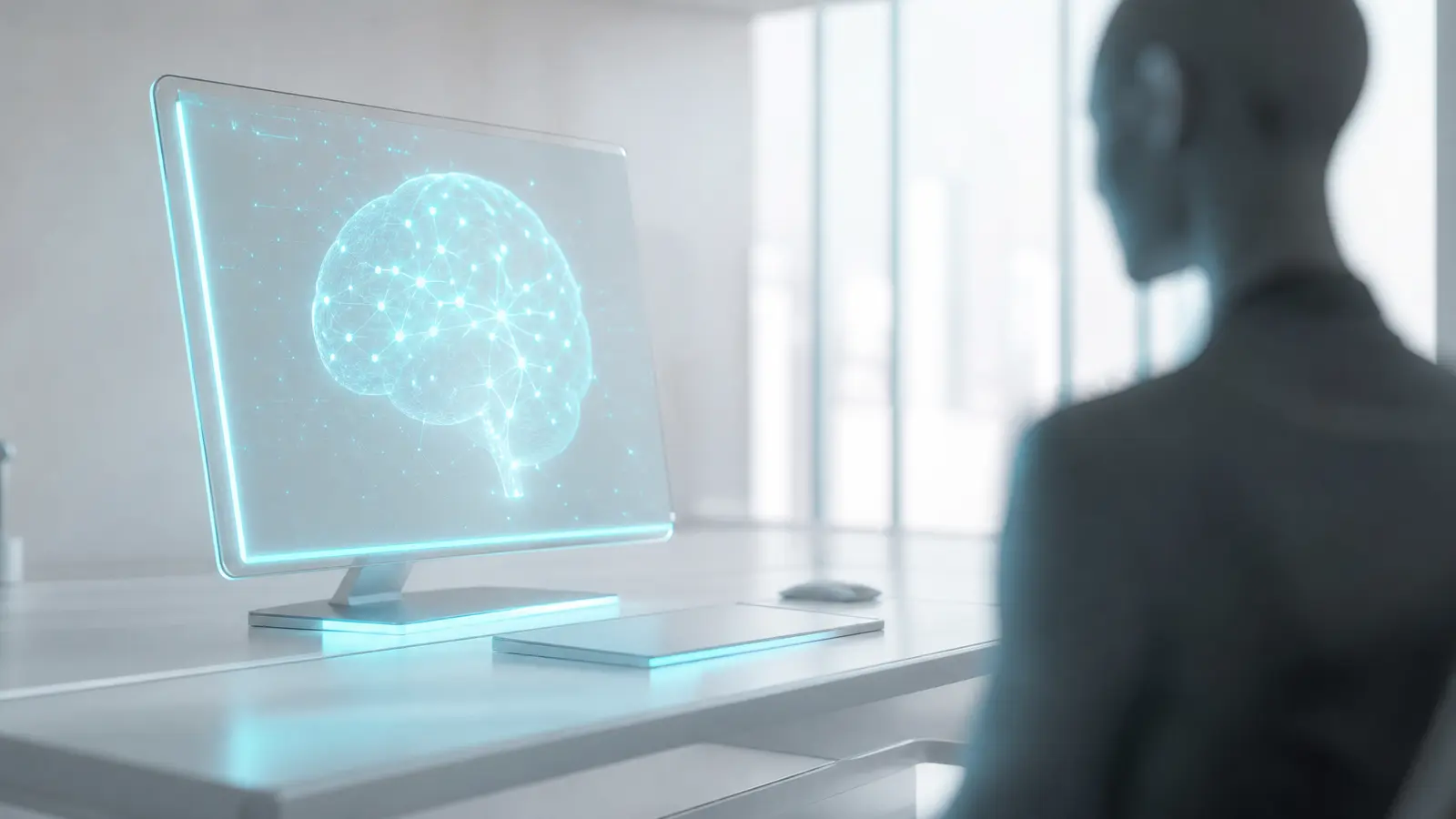 A futuristic control room with a cyan-lit monitor and a person observing AI code.