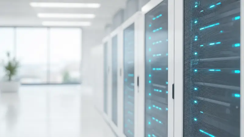 A cinematic server room with blue-green lighting and digital screens.