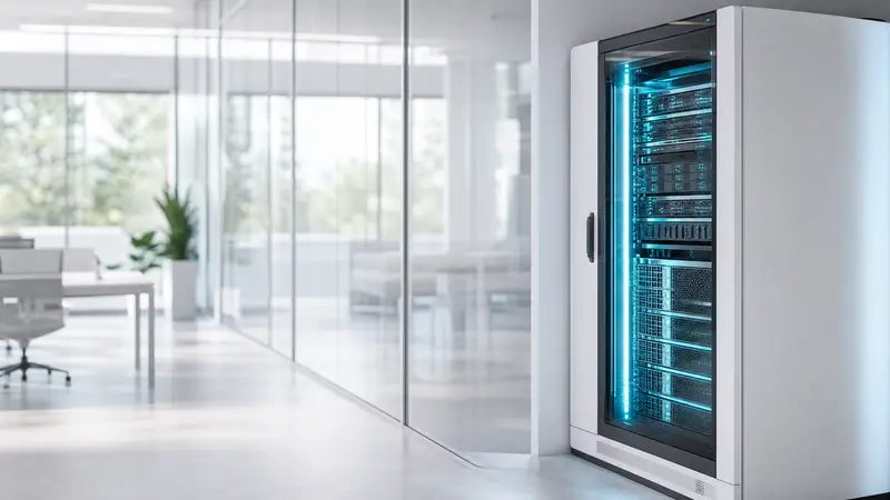 A glowing server rack with cyan lights in a modern office.