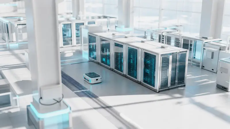 A large, high-tech data center with cyan-lit servers.
