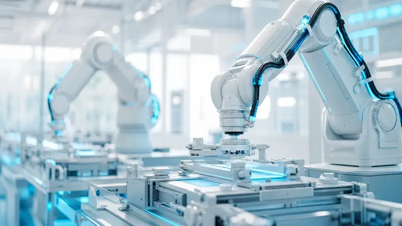 Robotic arms assembling machinery in a bright, cyan-lit factory