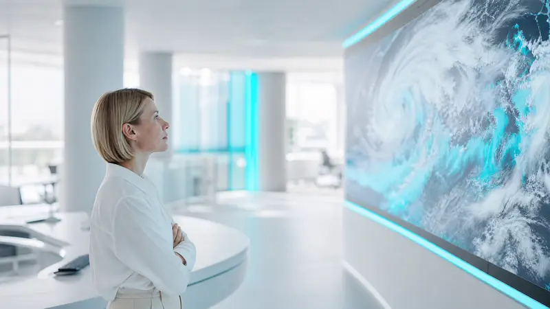 A futuristic control room with digital weather maps and cyan lighting.