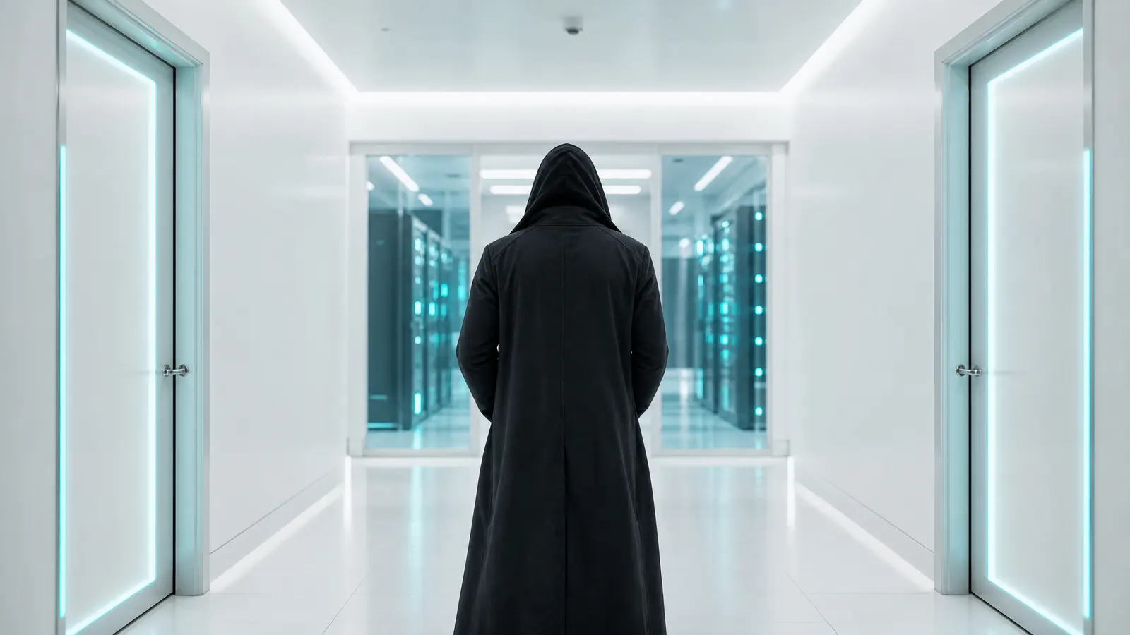 A shadowy figure in a high-tech server room with cyan lighting, standing between doors labeled lawsuit and technology acquisition.