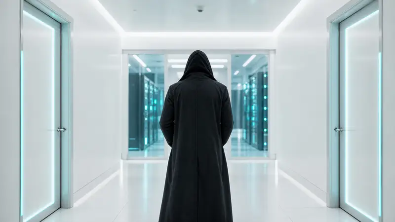 A shadowy figure in a high-tech server room with cyan lighting, standing between doors labeled lawsuit and technology acquisition.