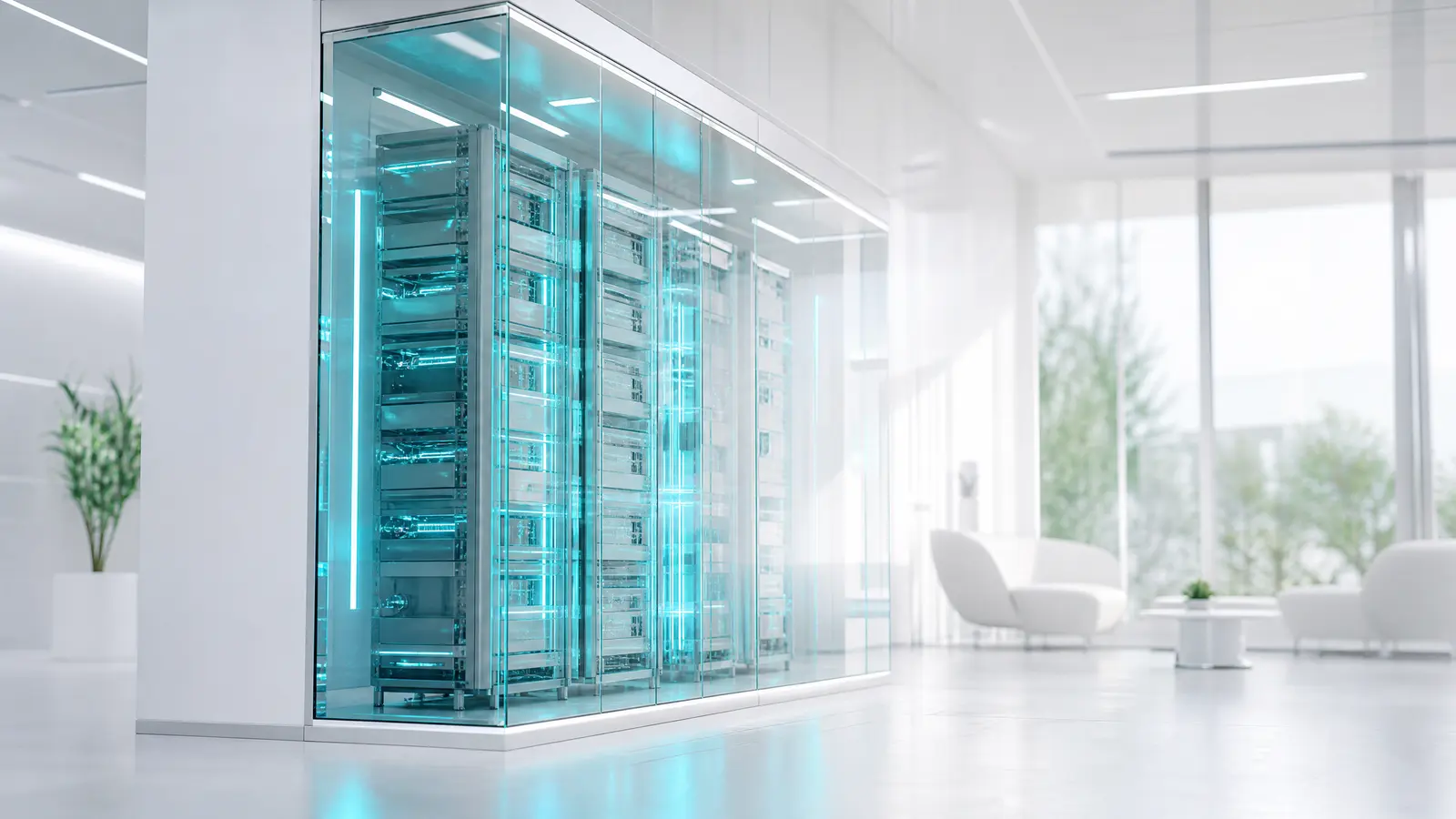 A glass server rack with cyan lights in a dark room.