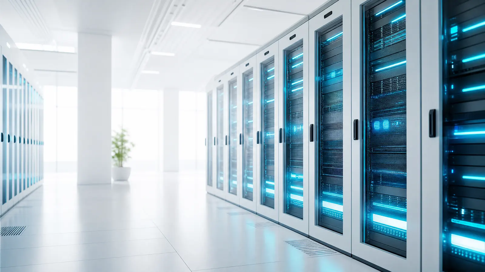Rows of servers in a bright data centre with cyan lighting.