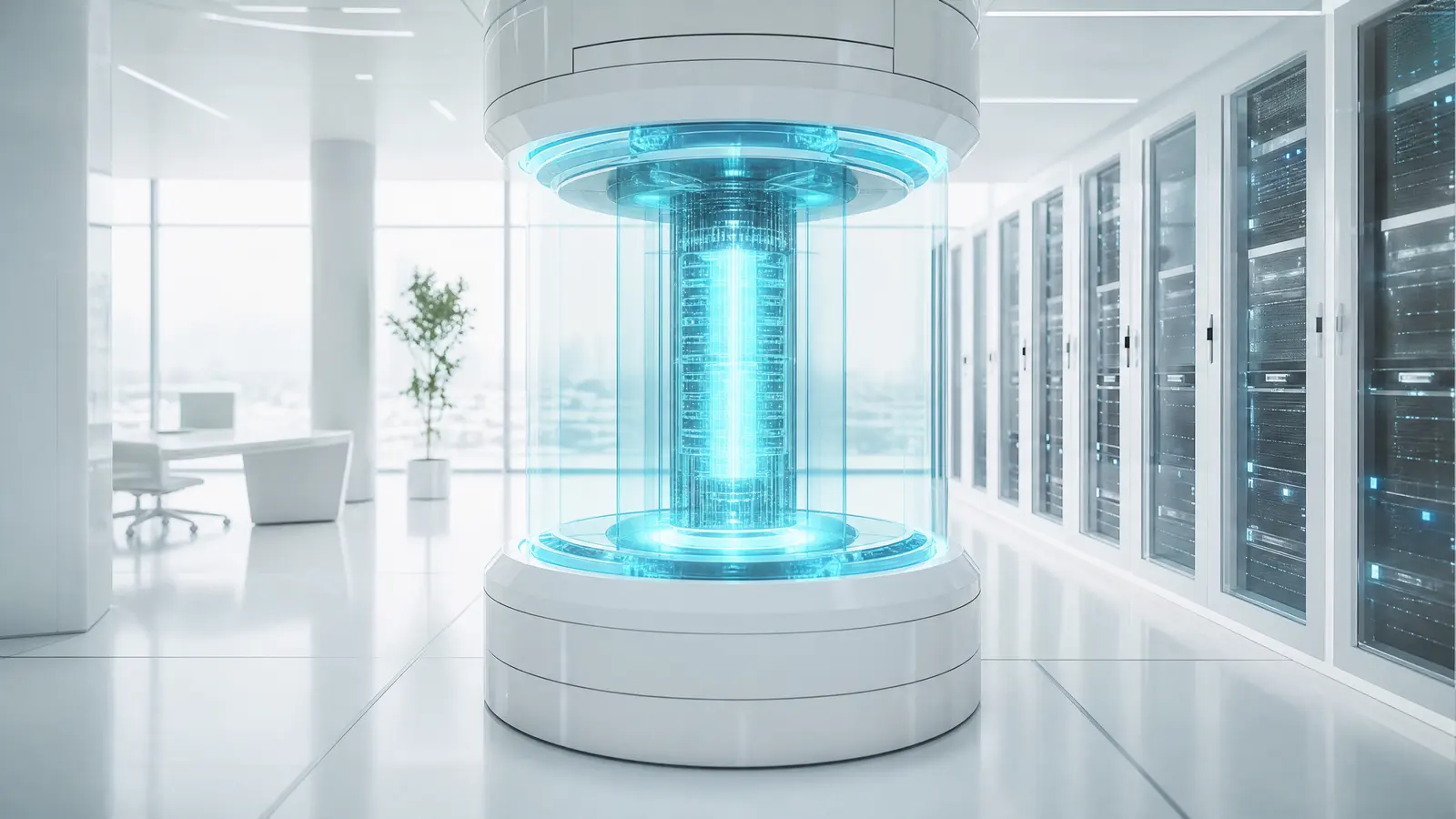 A large, illuminated server rack with a glowing cyan AI core inside a bright data center.