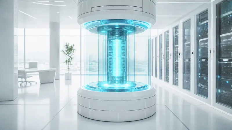 A large, illuminated server rack with a glowing cyan AI core inside a bright data center.