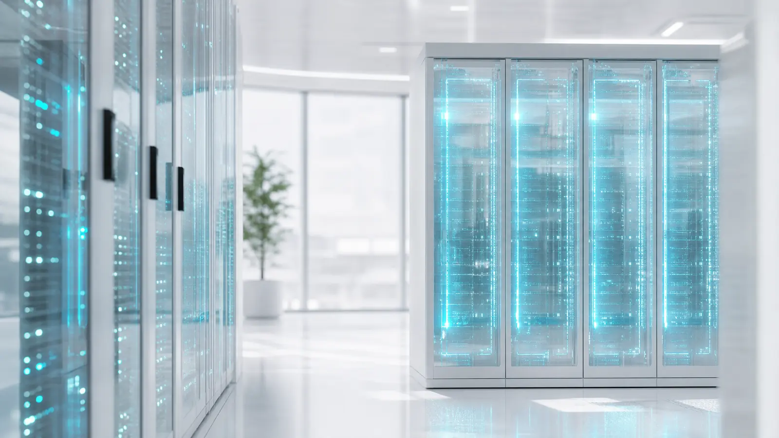 A high-tech data center with cyan-lit servers and AI-generated spending graphs.