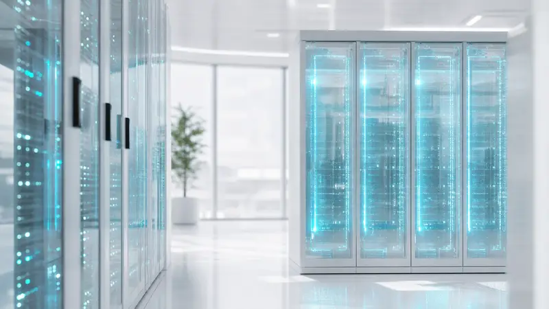 A high-tech data center with cyan-lit servers and AI-generated spending graphs.