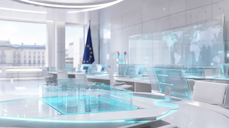 A high-tech European control room glowing with cyan security lights.