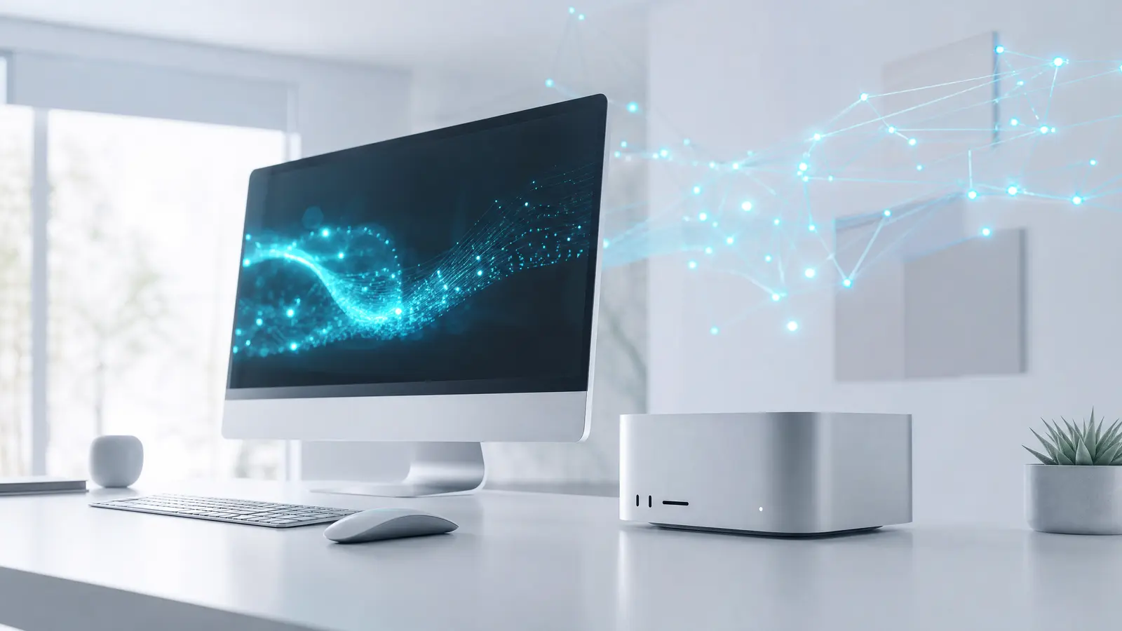 Mac Studio computers with glowing AI patterns in a dark room