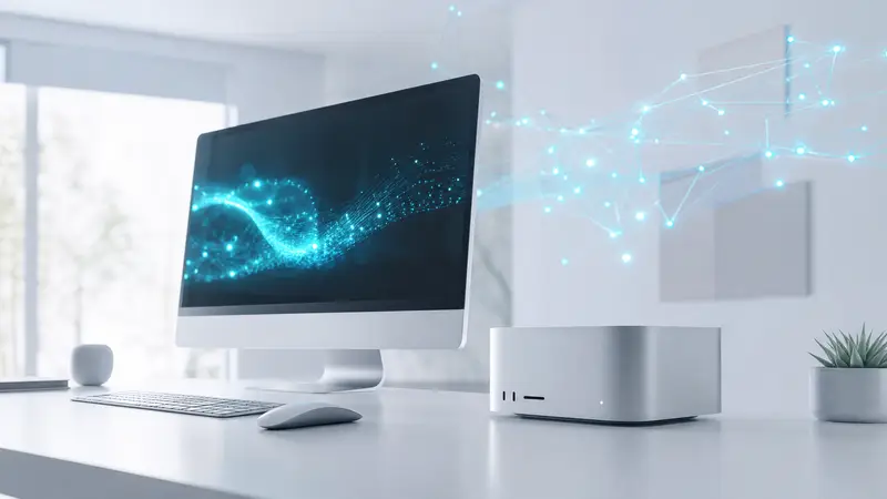 Mac Studio computers with glowing AI patterns in a dark room