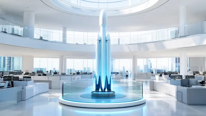 A dark trading floor with a glowing SpaceX rocket model under cyan lighting.