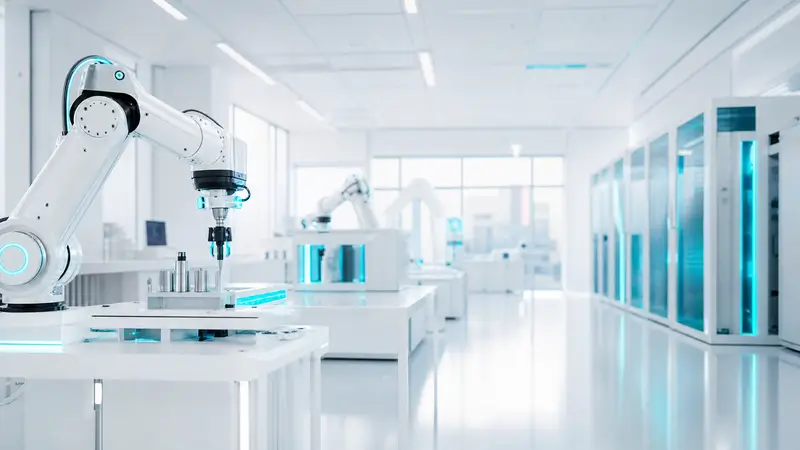 Automated laboratory filled with glowing AI servers and robotic arms