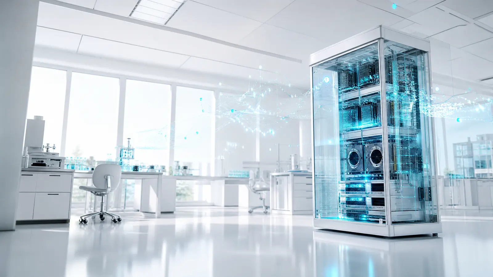 A transparent server rack glowing with cyan lights in a high-tech lab.
