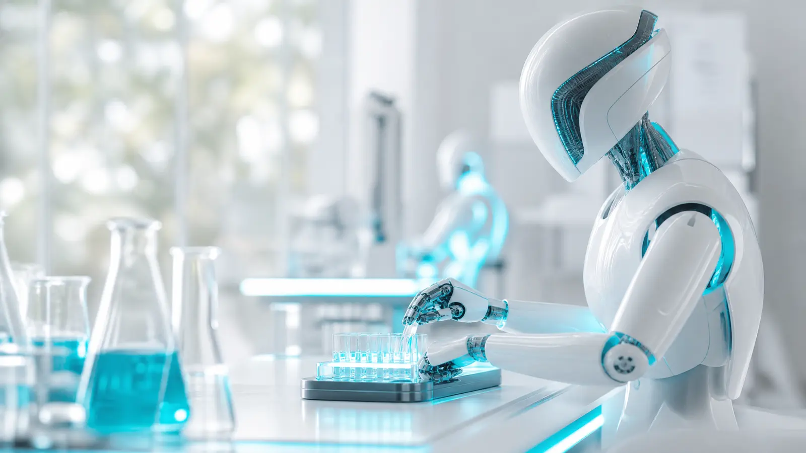 A university lab with advanced biotech equipment and glowing AI screens.