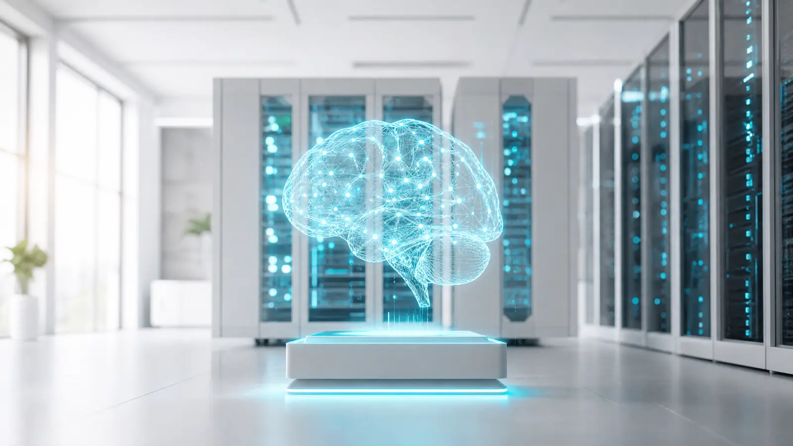 A high-tech server room with a glowing AI brain and cyan accent lighting.