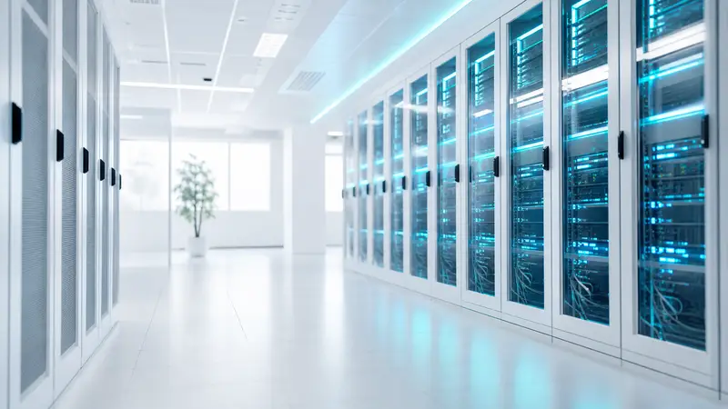 A modern server room with cyan lighting and advanced hardware.
