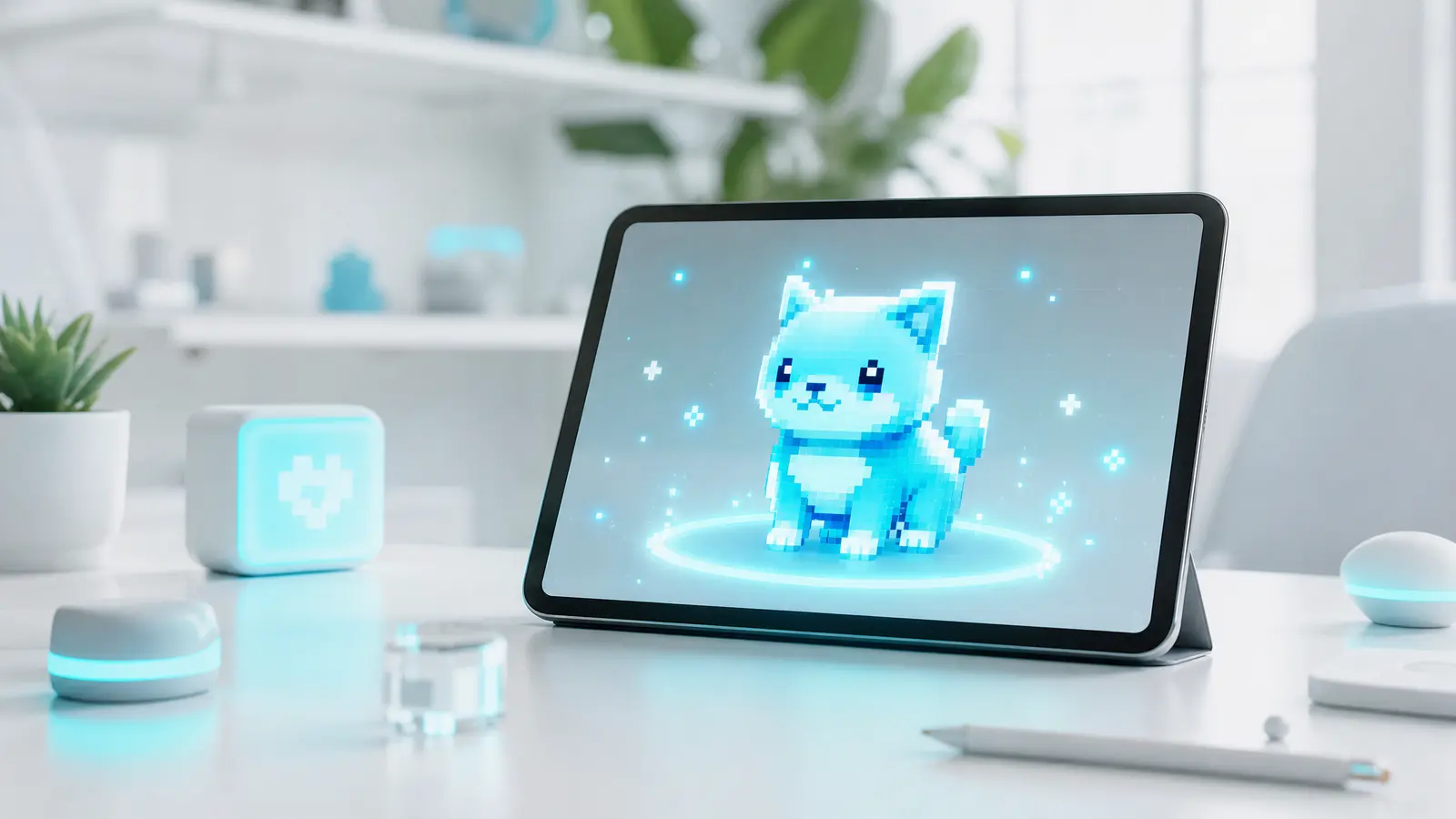 A glowing 16-bit digital pet on a tablet in a bright, high-tech workspace.