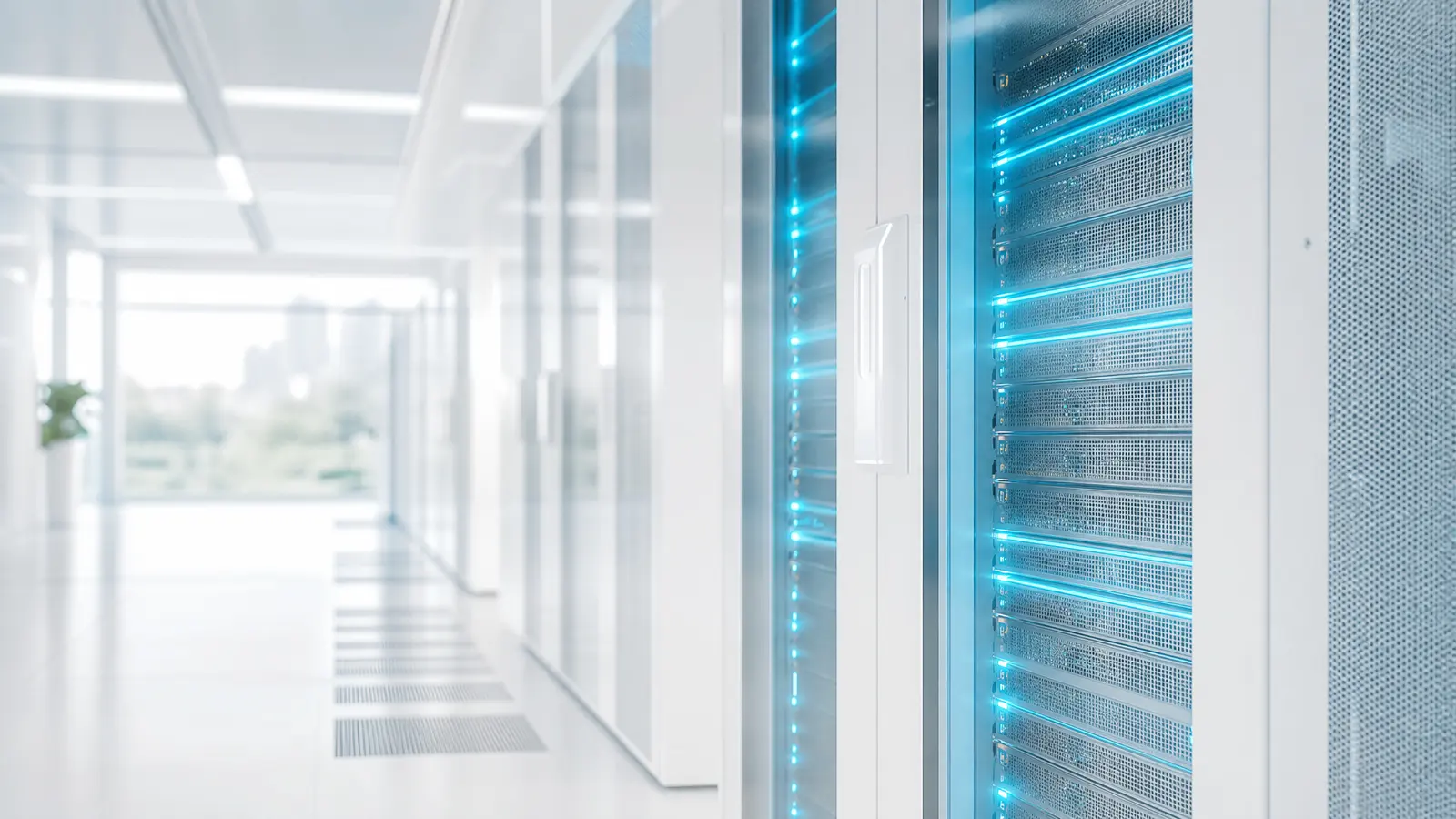 A high-tech server rack in a bright data center with cyan lighting.