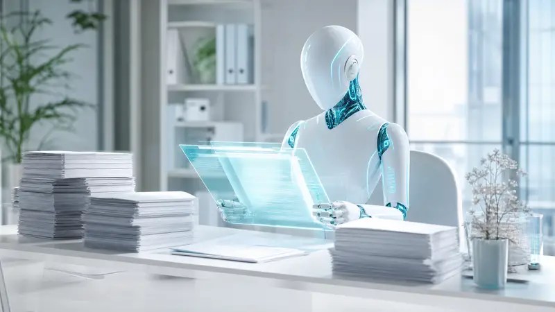 Modern office with AI hologram reviewing legal documents, cyan accents.