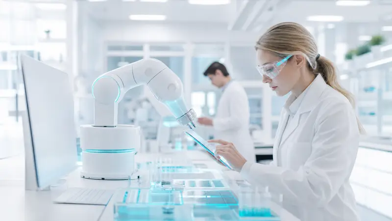Bright laboratory with AI-powered machines and digital interface overlays