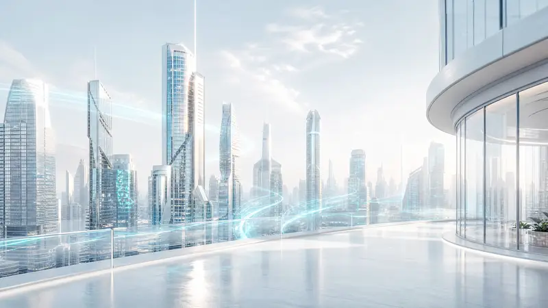 Futuristic city skyline with cyan data streams connecting buildings.