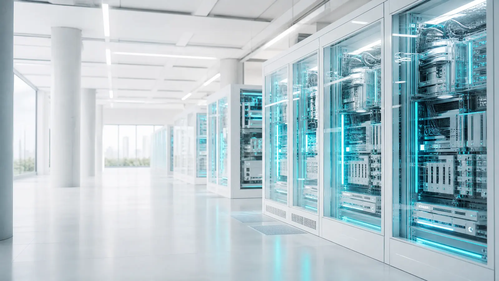 A clean, high-tech server room with cyan-lit transparent racks.