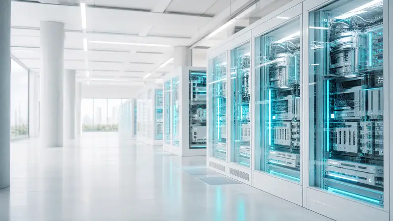 A clean, high-tech server room with cyan-lit transparent racks.