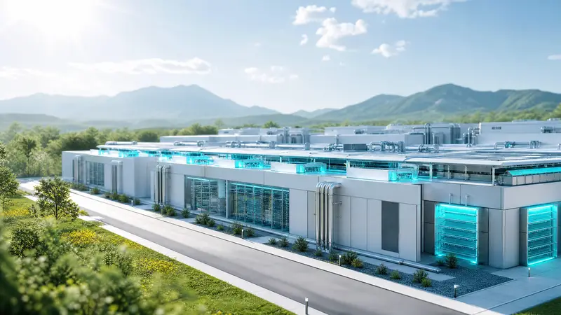 Aerial view of a large data center complex in a green landscape.